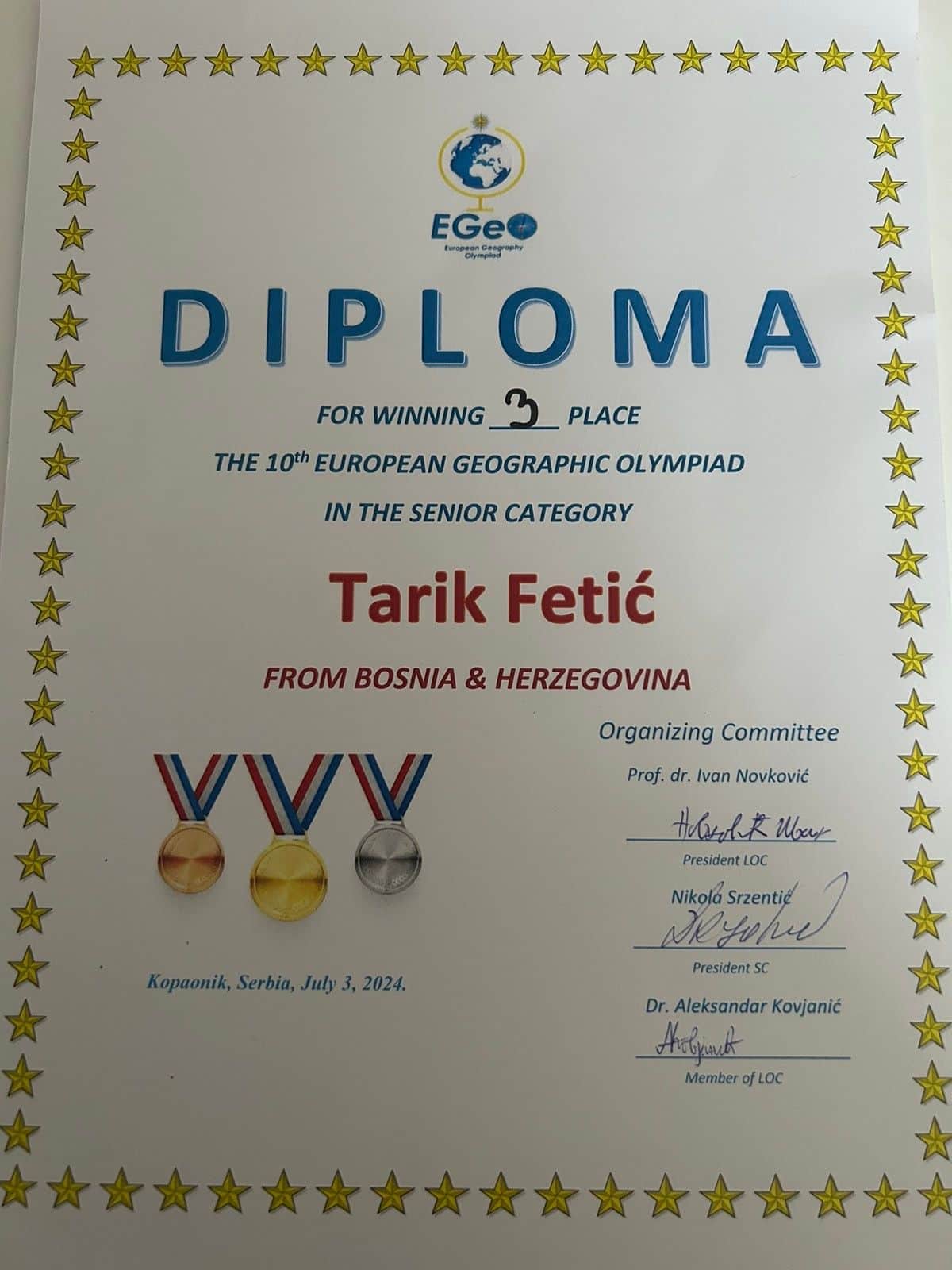 Tarik Fetić osvojio 3. mjesto na Evropskoj geografskoj olimpijadi | Treća gimnazija Sarajevo